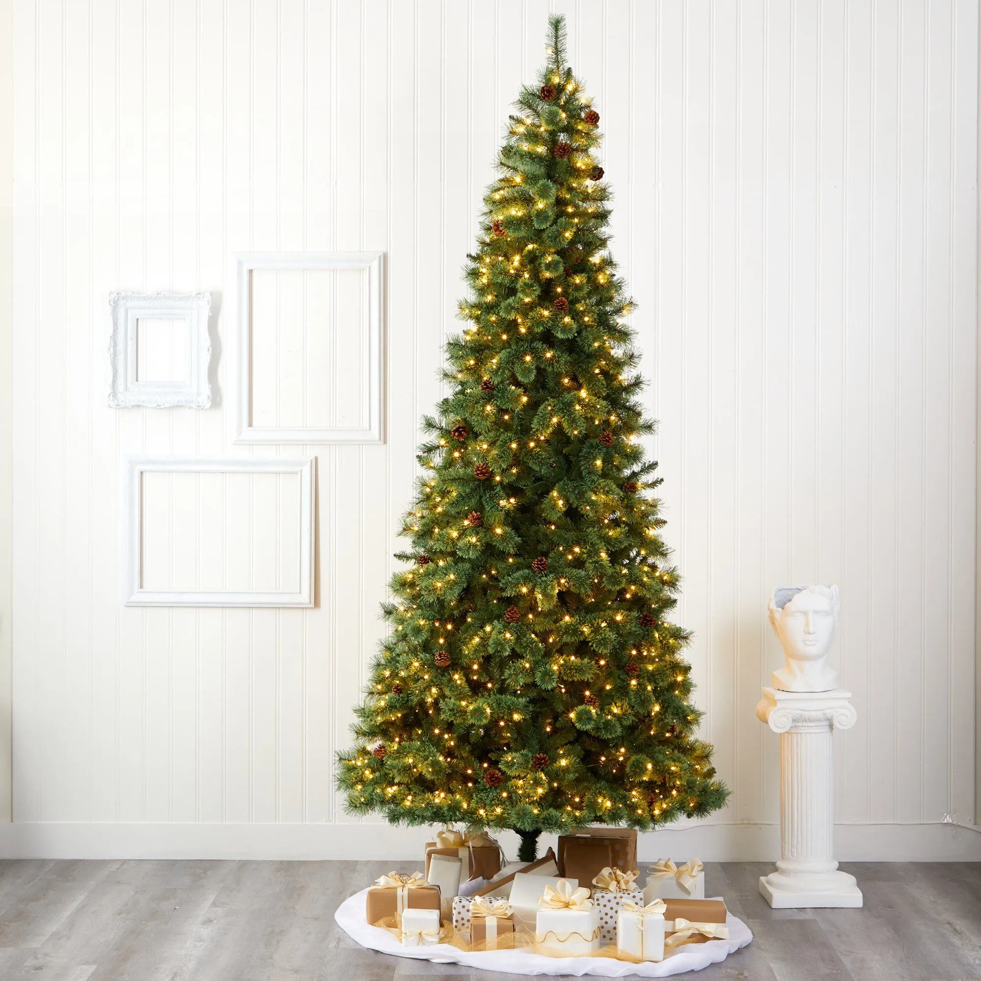10’ White Mountain Pine Artificial Christmas Tree with 850 Clear LED Lights and Pine Cones
