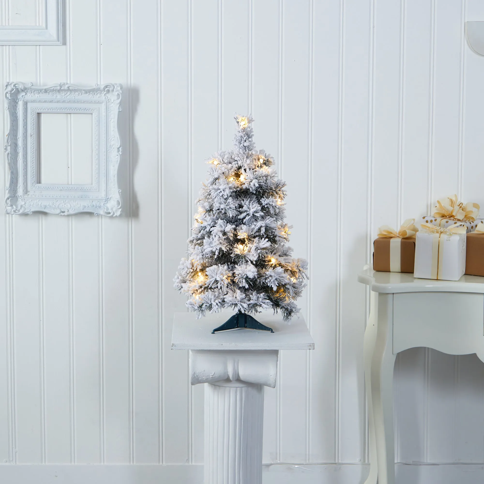 2' Flocked Artificial Christmas Tree with 30 Clear LED Lights