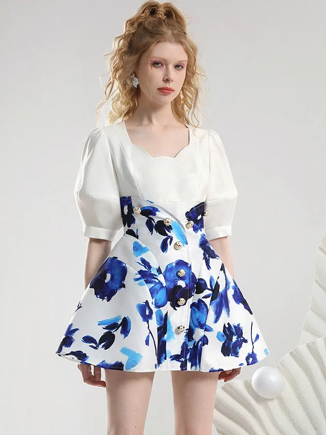 2Type Set-Up Puff-Sleeve High-Waist Flower Chic Tops＆Skirt
