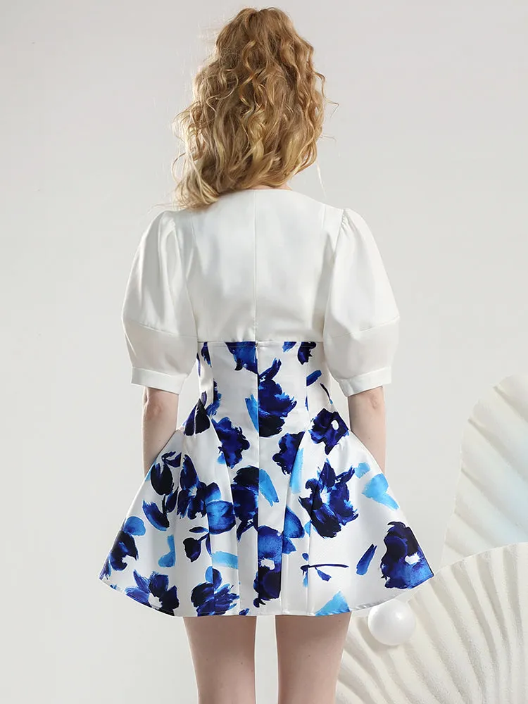 2Type Set-Up Puff-Sleeve High-Waist Flower Chic Tops＆Skirt