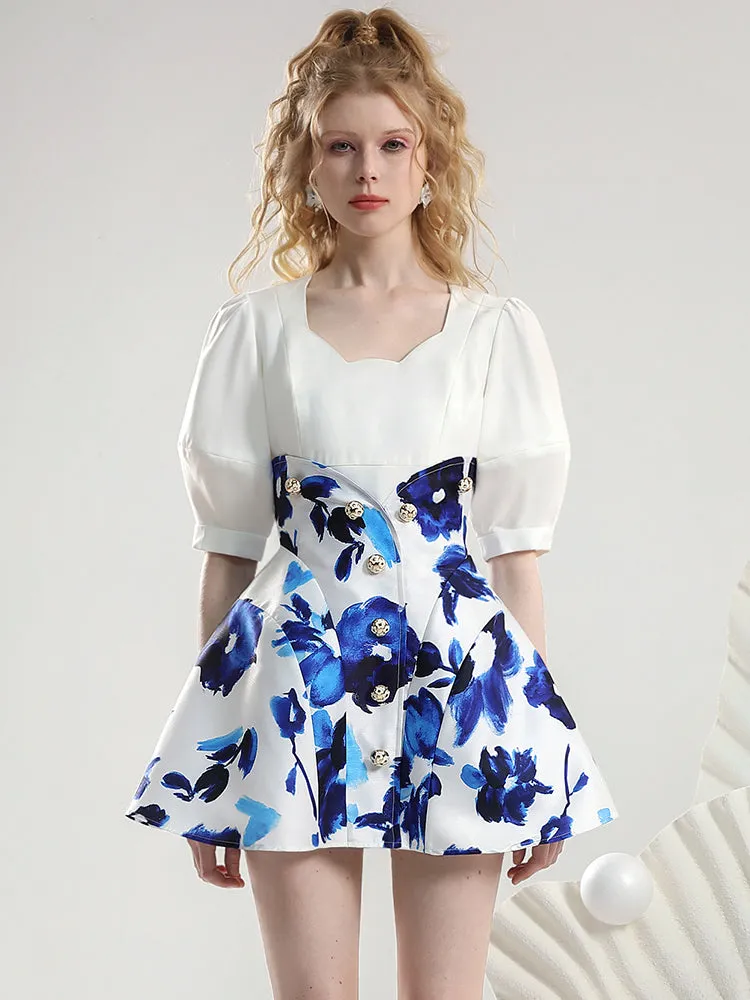 2Type Set-Up Puff-Sleeve High-Waist Flower Chic Tops＆Skirt