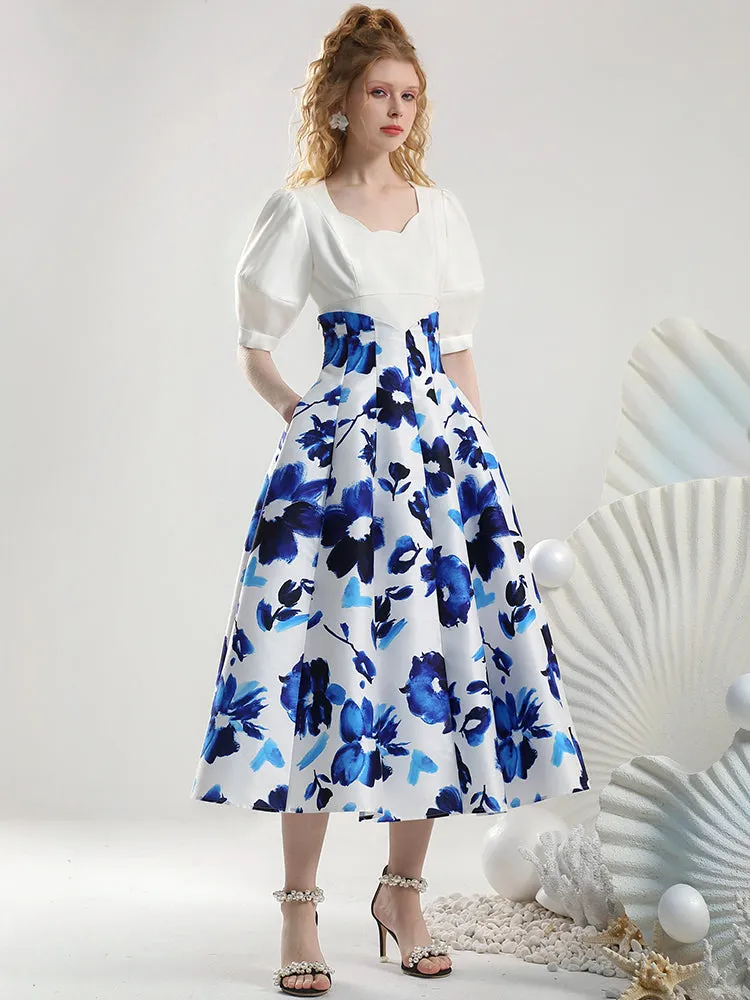 2Type Set-Up Puff-Sleeve High-Waist Flower Chic Tops＆Skirt