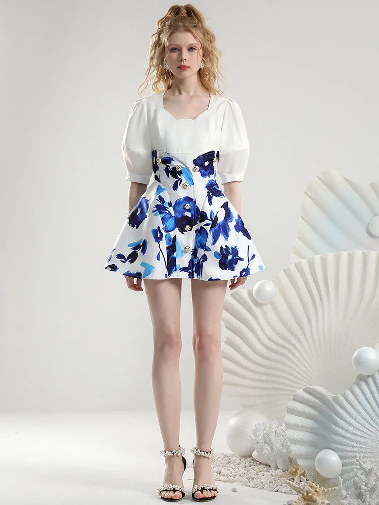 2Type Set-Up Puff-Sleeve High-Waist Flower Chic Tops＆Skirt