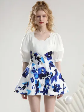 2Type Set-Up Puff-Sleeve High-Waist Flower Chic Tops＆Skirt