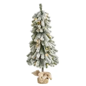 3’ Flocked Alpine Artificial Christmas Tree with 50 Lights, 177 Bendable Branches and a Burlap Planter