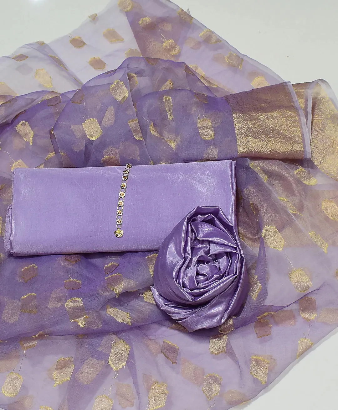 3 PC Unstitched Kataan Silk Shirt & Trouser With Organza Dupatta