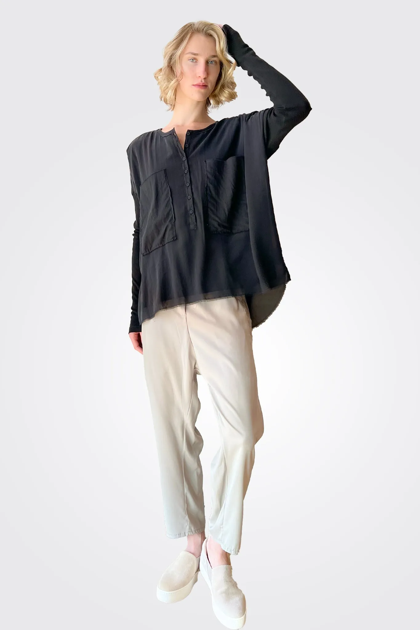 3/4 Button Down Shirt - Black
