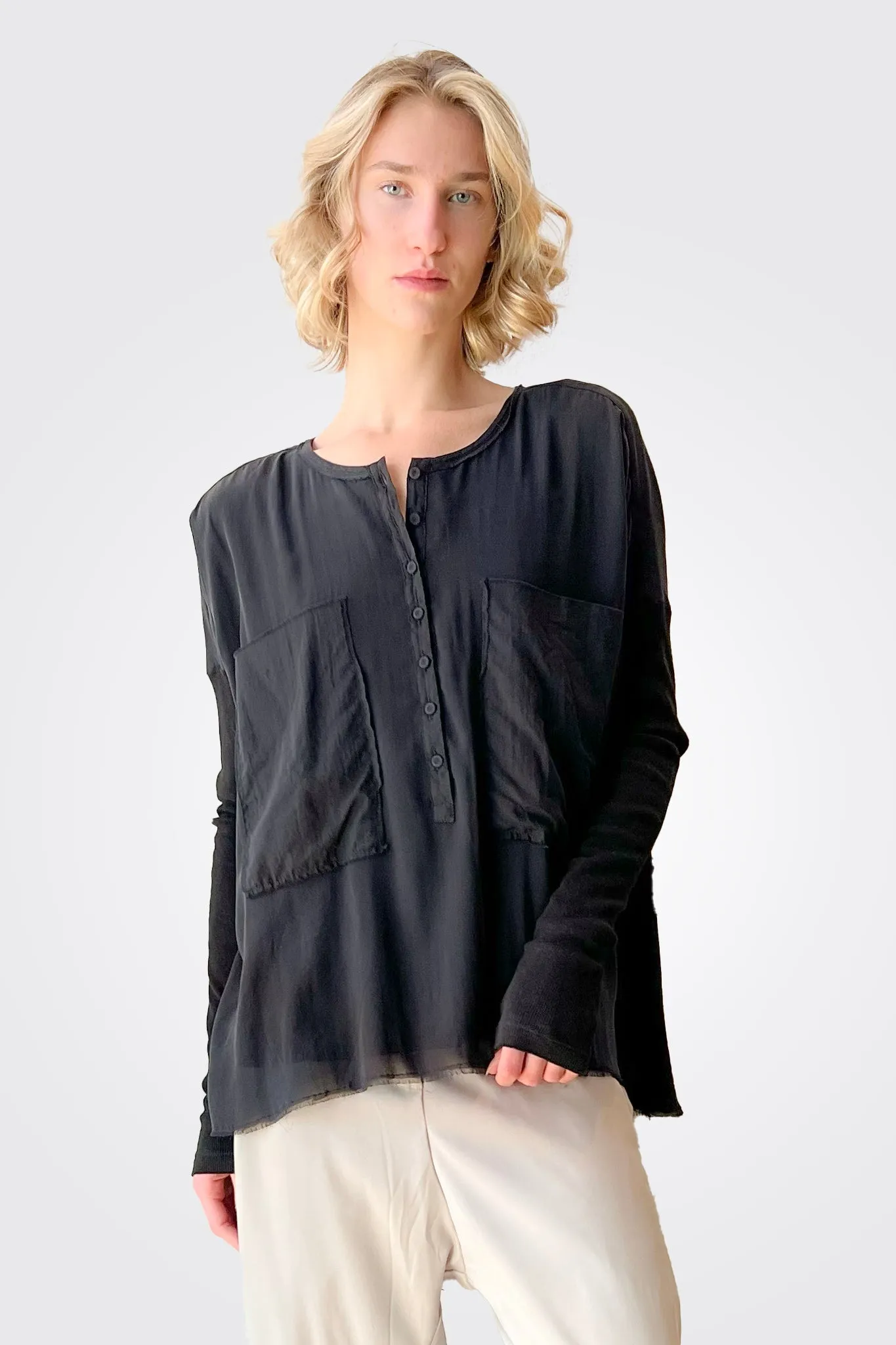 3/4 Button Down Shirt - Black