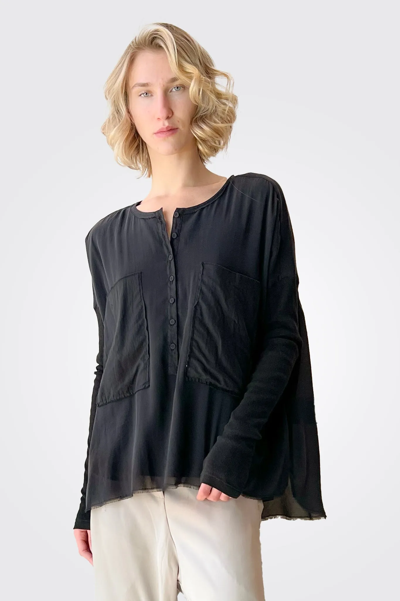3/4 Button Down Shirt - Black