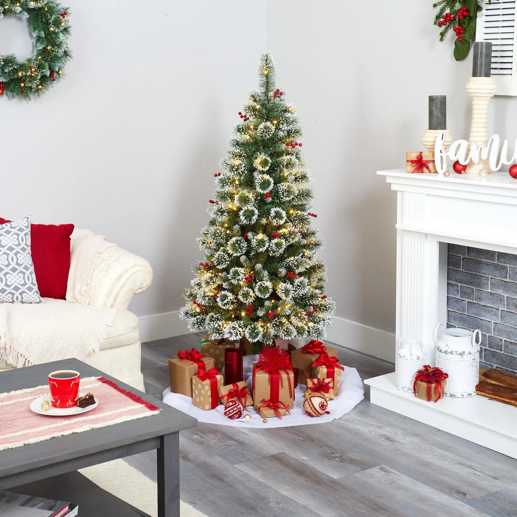 5’ Frosted Swiss Pine Artificial Christmas Tree with 200 Clear LED Lights and Berries