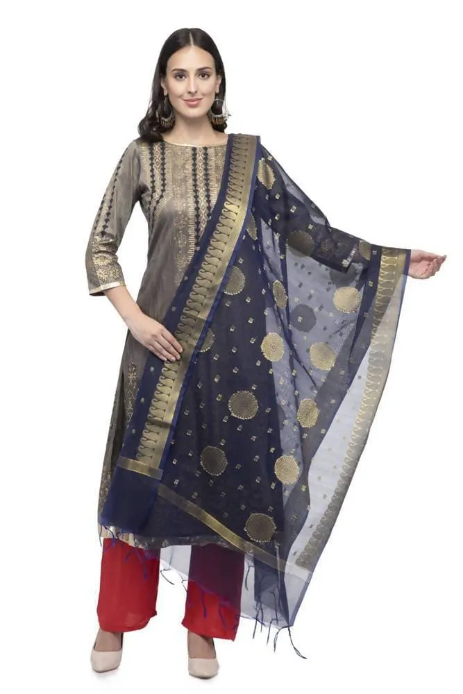 A R Silk Women's Vanarsi Silk Zari Border Embroidery Navy Blue Fancy Dupatta
