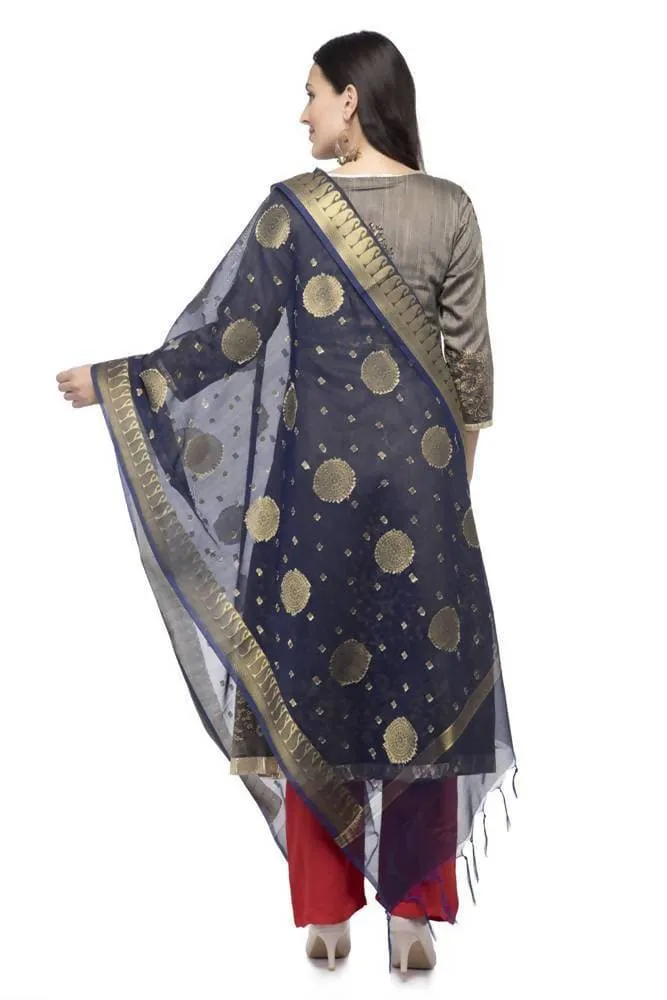 A R Silk Women's Vanarsi Silk Zari Border Embroidery Navy Blue Fancy Dupatta