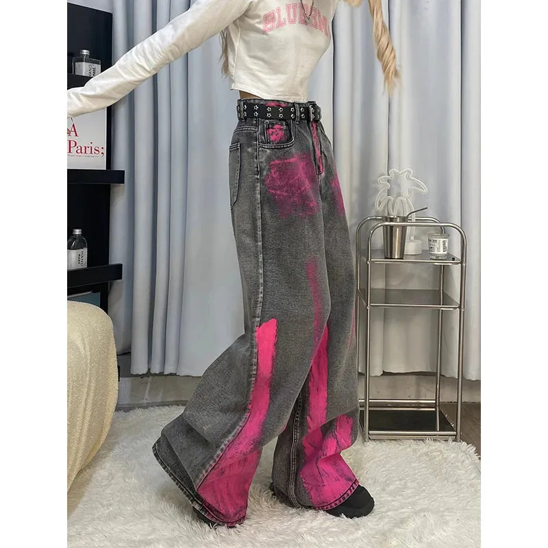 Aiertu Black Women Jeans Vintage High Waist Chic American Fashion Streetwear Wide Leg Jean Female Trouser Printing Baggy Denim Pants