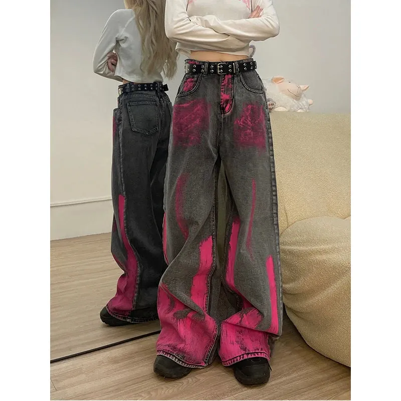 Aiertu Black Women Jeans Vintage High Waist Chic American Fashion Streetwear Wide Leg Jean Female Trouser Printing Baggy Denim Pants