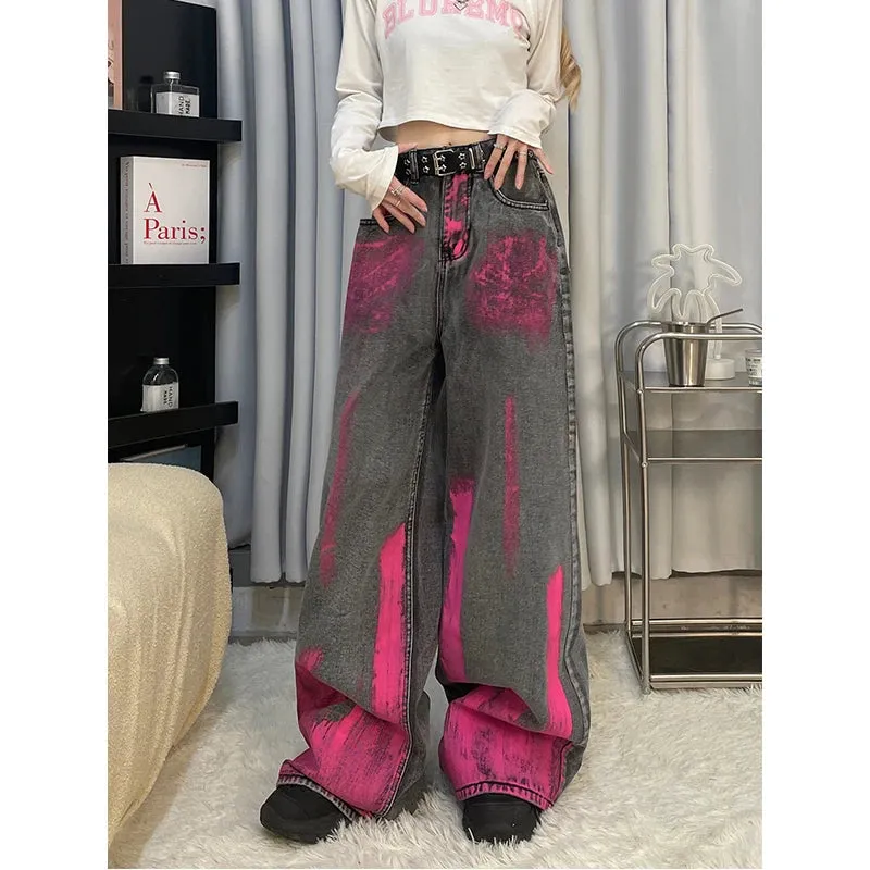 Aiertu Black Women Jeans Vintage High Waist Chic American Fashion Streetwear Wide Leg Jean Female Trouser Printing Baggy Denim Pants