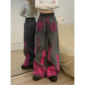 Aiertu Black Women Jeans Vintage High Waist Chic American Fashion Streetwear Wide Leg Jean Female Trouser Printing Baggy Denim Pants