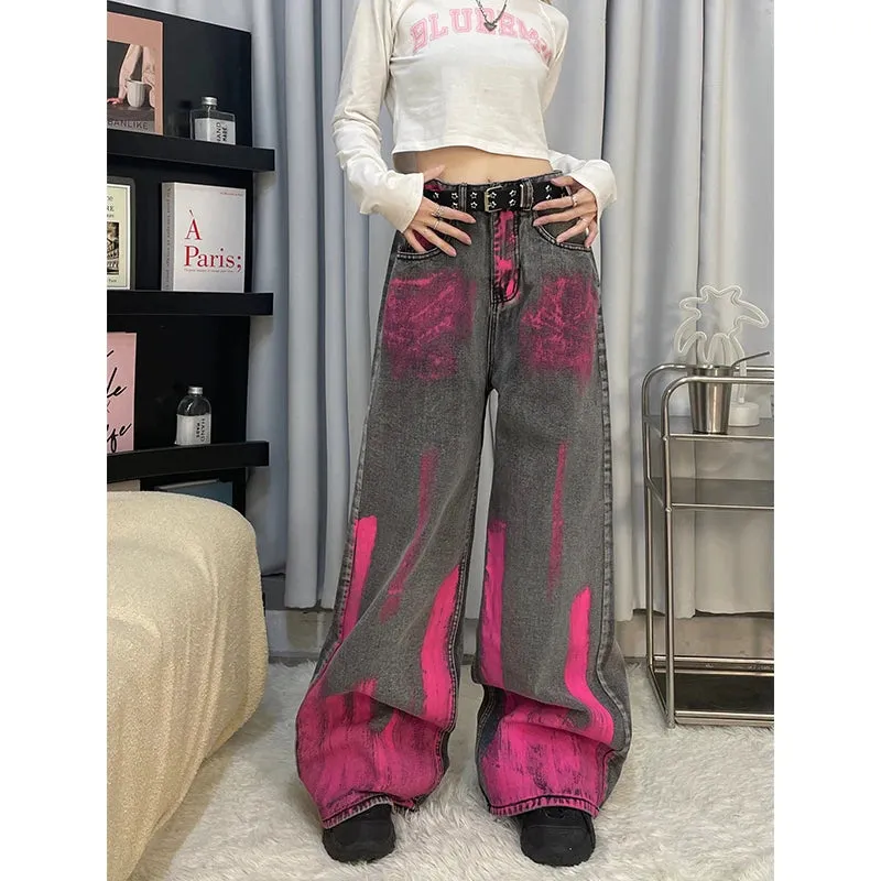 Aiertu Black Women Jeans Vintage High Waist Chic American Fashion Streetwear Wide Leg Jean Female Trouser Printing Baggy Denim Pants
