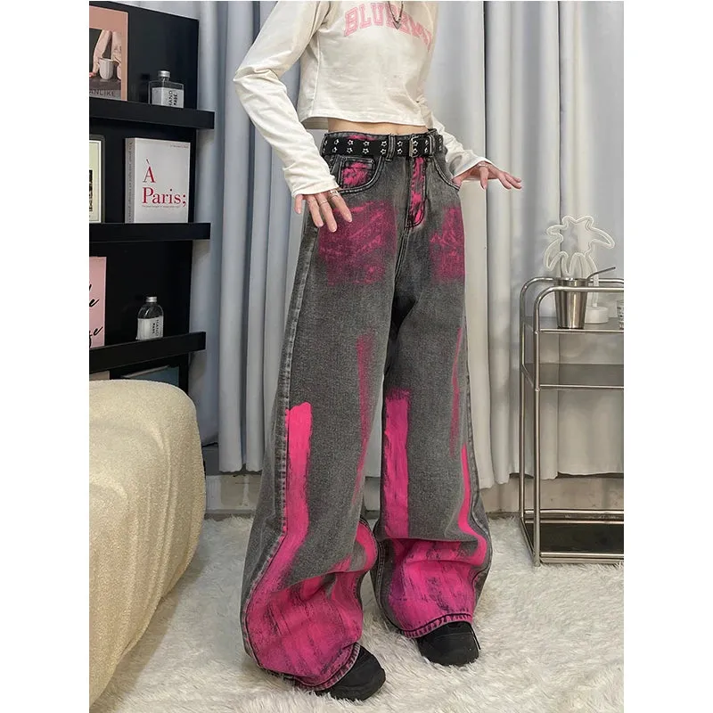 Aiertu Black Women Jeans Vintage High Waist Chic American Fashion Streetwear Wide Leg Jean Female Trouser Printing Baggy Denim Pants