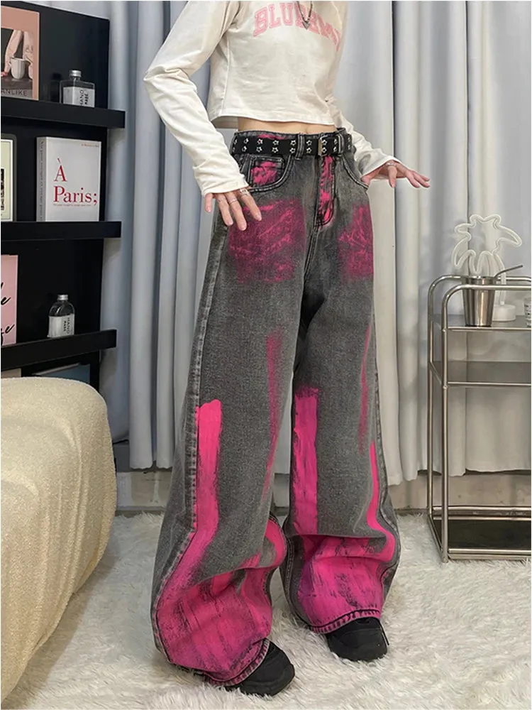 Aiertu Black Women Jeans Vintage High Waist Chic American Fashion Streetwear Wide Leg Jean Female Trouser Printing Baggy Denim Pants