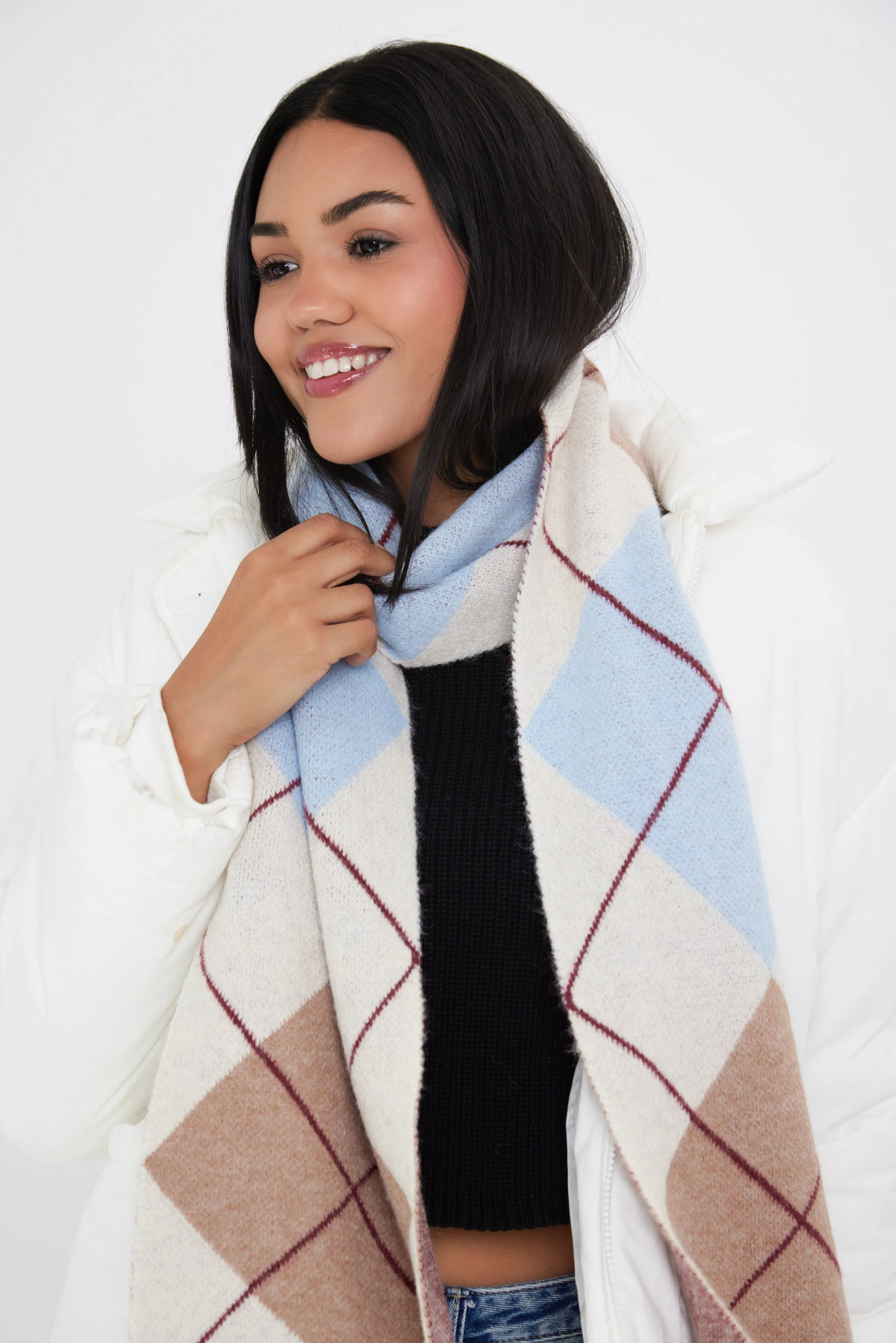 Argyle Pattern Scarf in Blue, Cream and Taupe