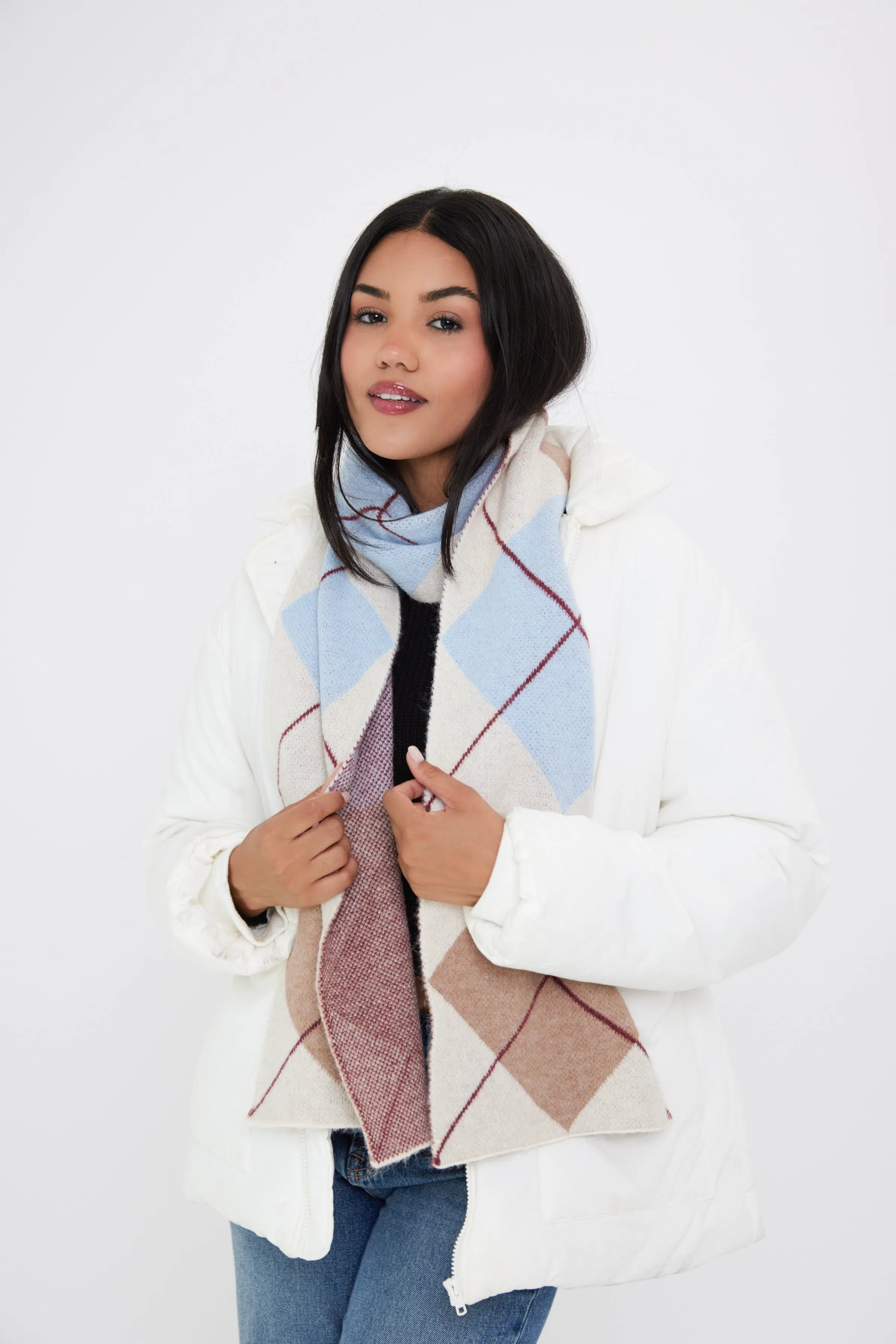 Argyle Pattern Scarf in Blue, Cream and Taupe