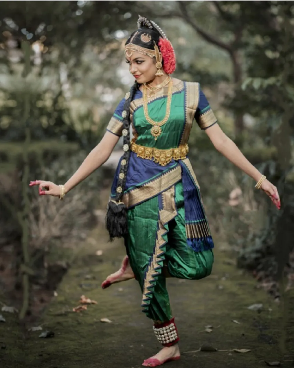 Attractive Green and Blue Color Classical Dance Kuchipudi Sunpleat Costume