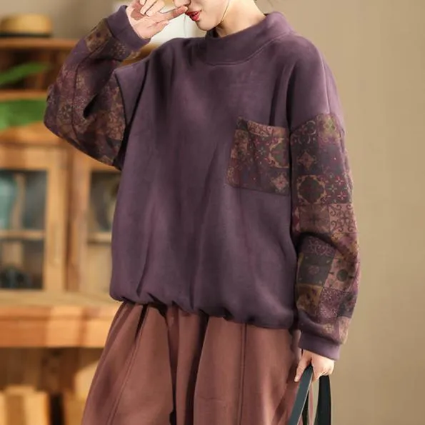 Babakud Women Winter Vintage Floral Patchwork Fleece Pullover Top