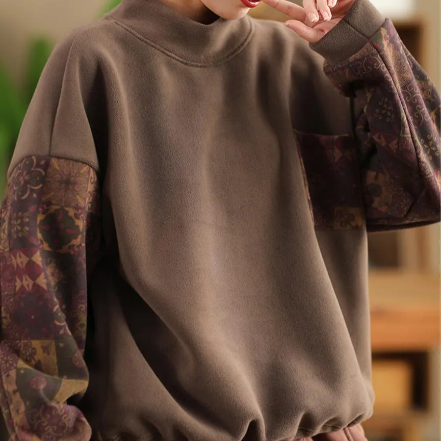 Babakud Women Winter Vintage Floral Patchwork Fleece Pullover Top
