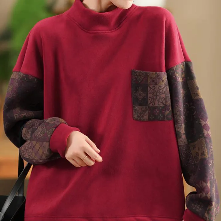 Babakud Women Winter Vintage Floral Patchwork Fleece Pullover Top