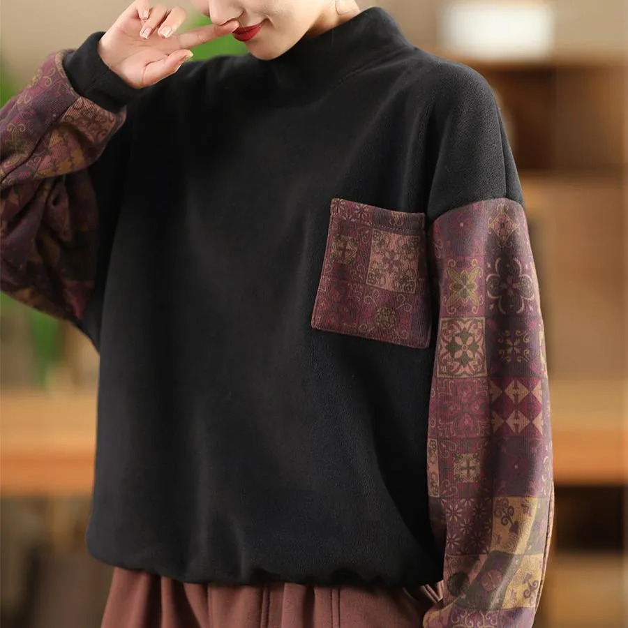 Babakud Women Winter Vintage Floral Patchwork Fleece Pullover Top