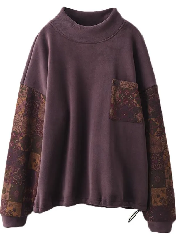 Babakud Women Winter Vintage Floral Patchwork Fleece Pullover Top