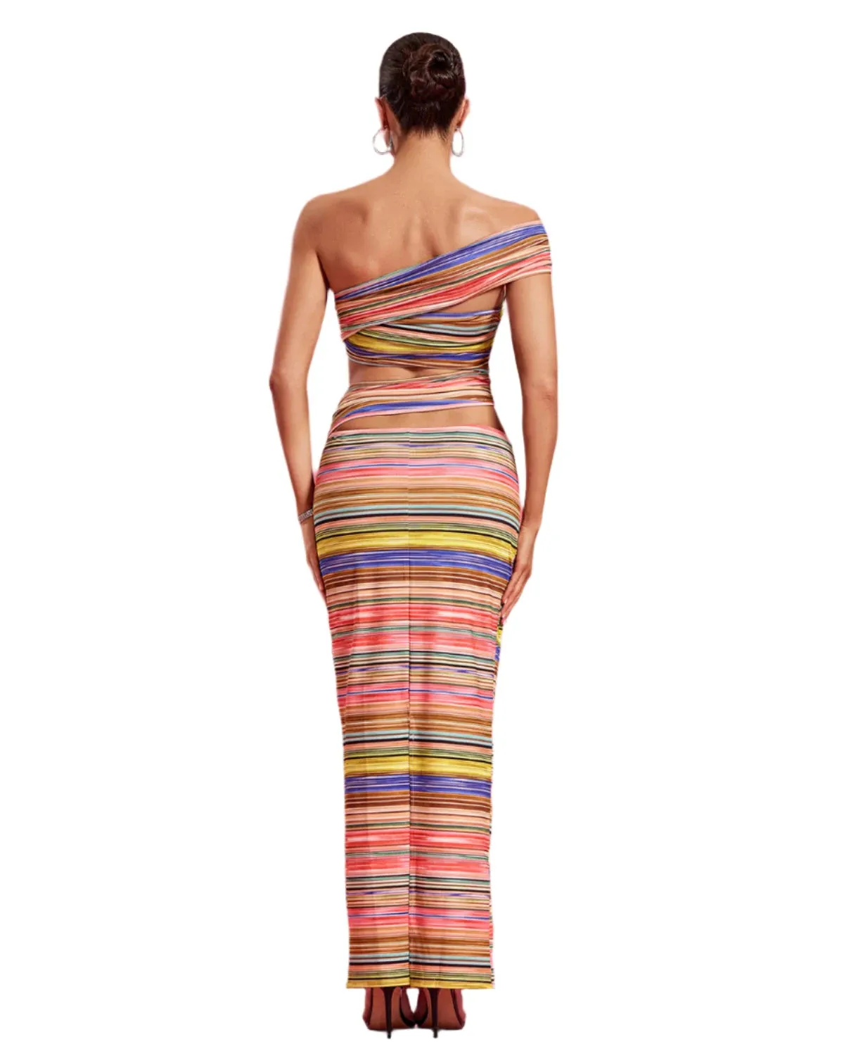 BAHAR Rainbow Striped Cutout Bodycon Maxi Dress