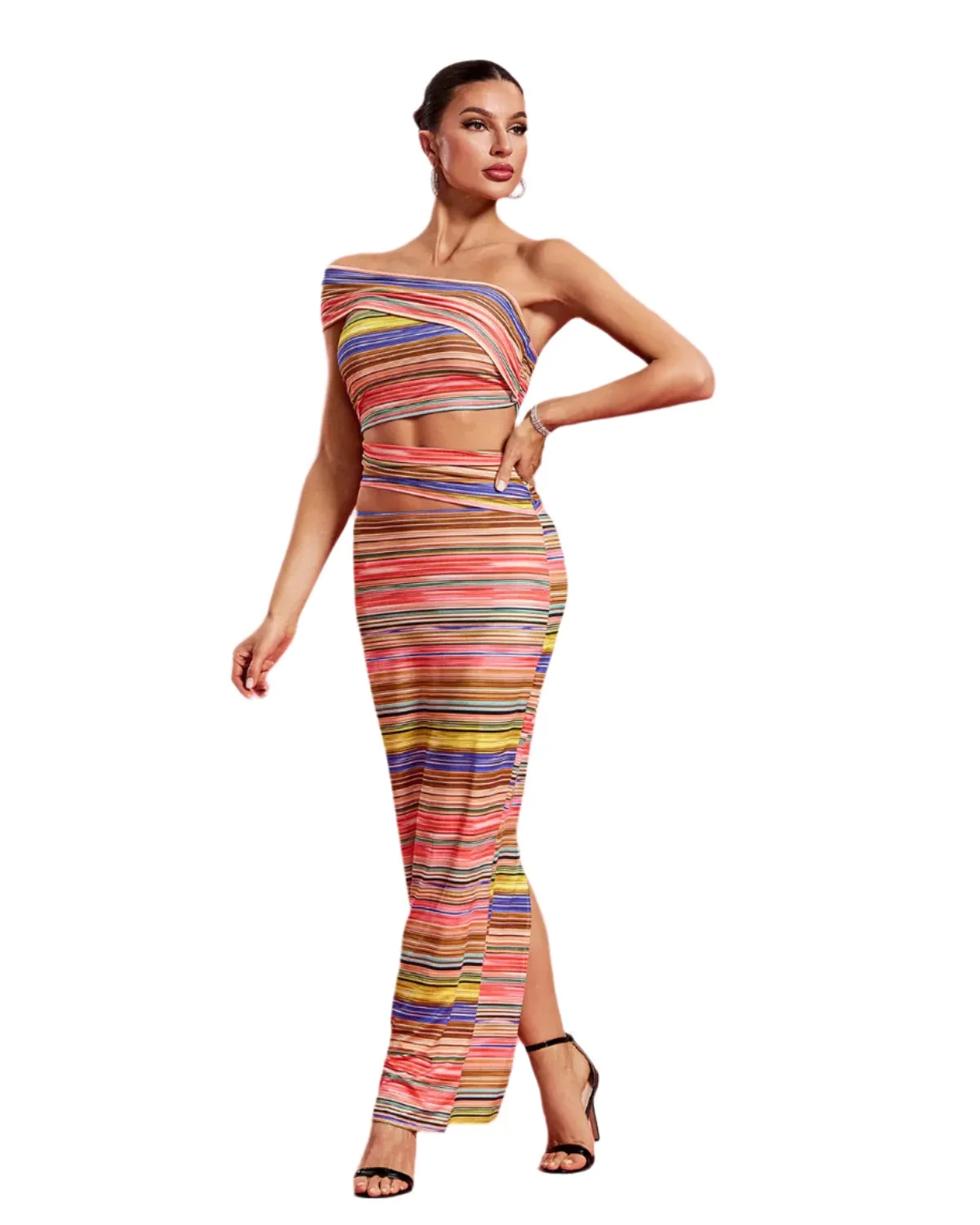 BAHAR Rainbow Striped Cutout Bodycon Maxi Dress