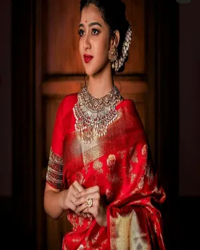 Beautiful Red Color Paithani Silk with Pure Golden Jari Saree and Blouse for Special Occasion