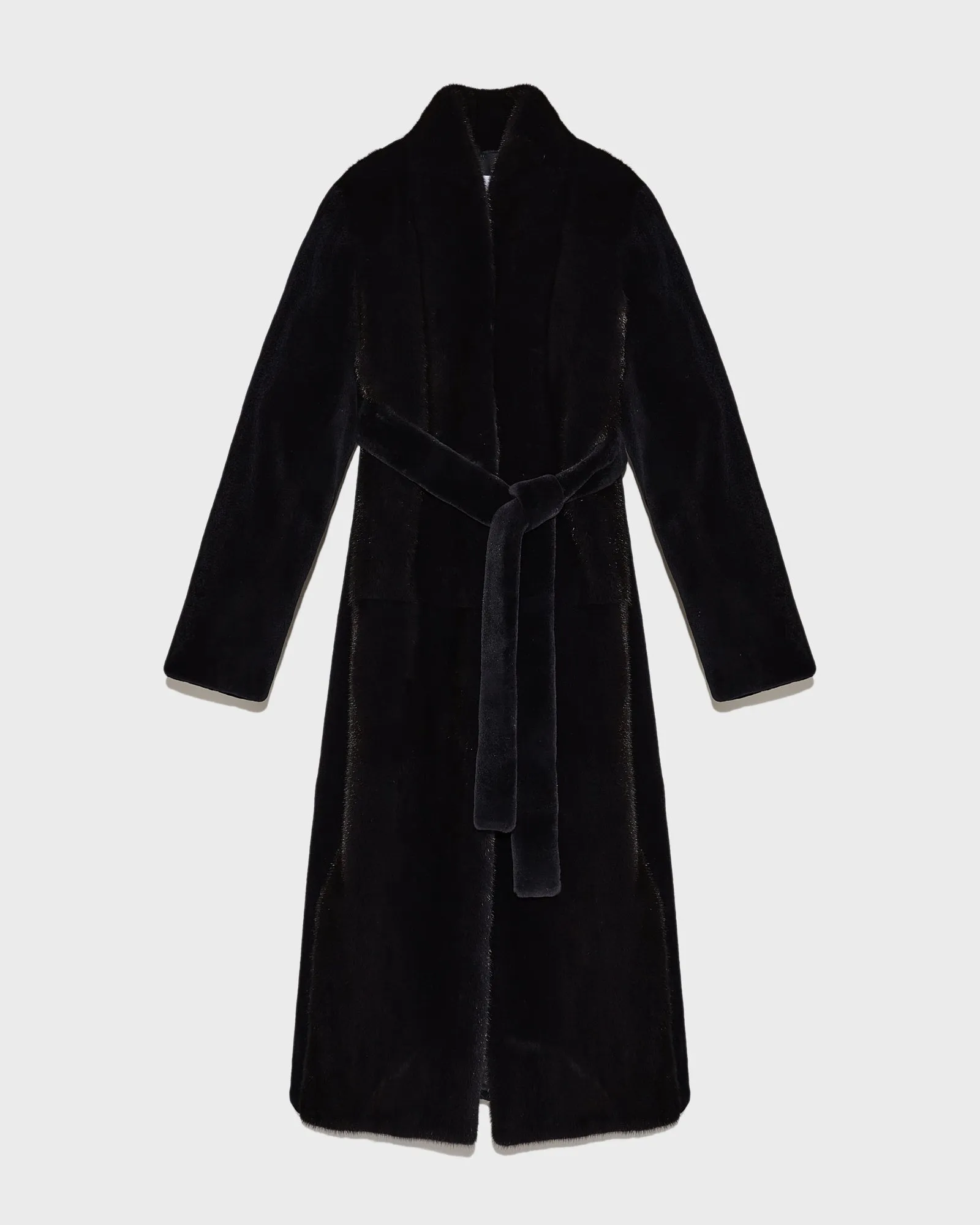 Belted coat in sheared and long-haired mink fur