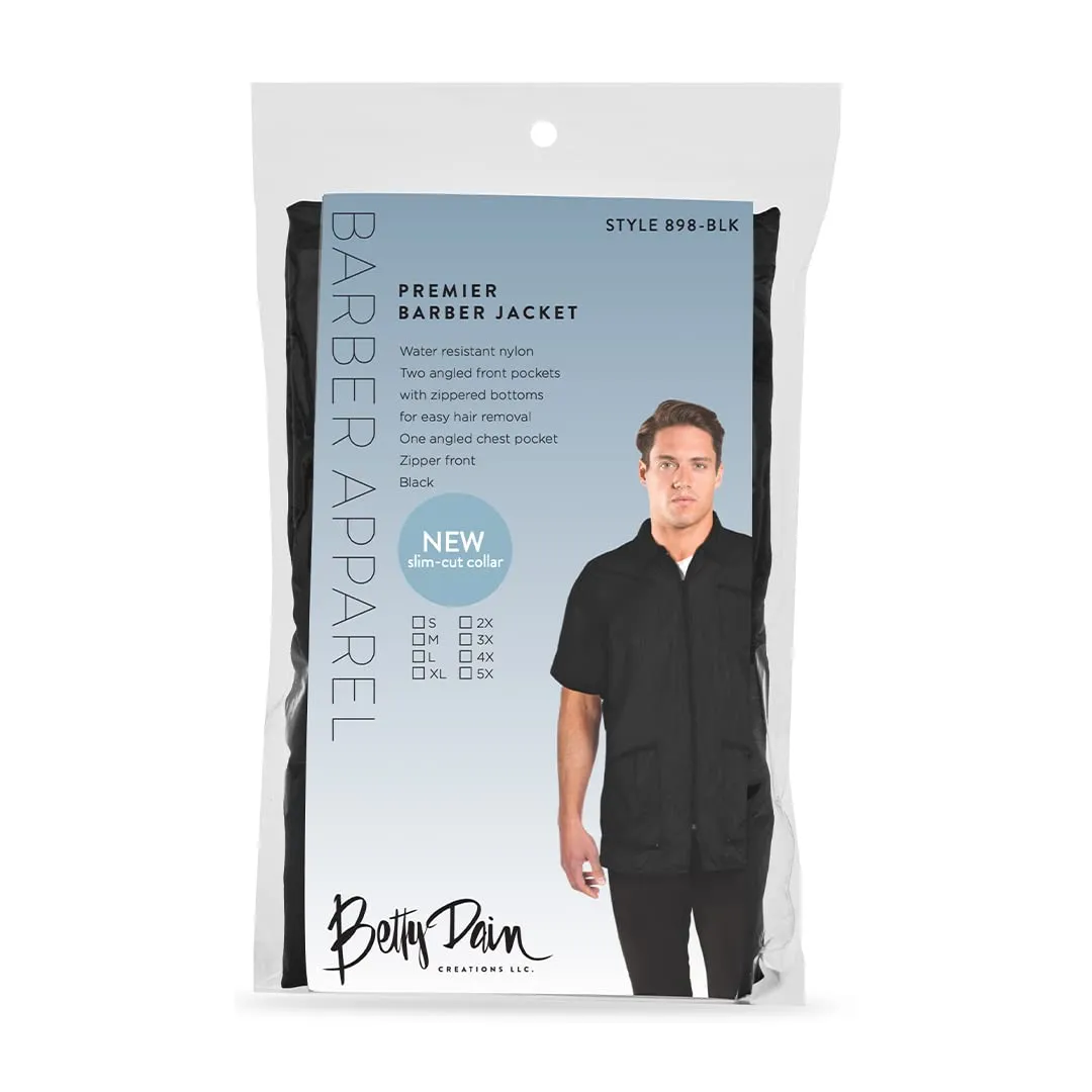 Betty Dain Premier Barber Jacket, Soft, Lightweight, Water Resistant Nylon Repels Hair, Zippered Front, Two Angled Lower Pockets with Zippered Bottoms, Angled Chest Pocket, Black, S