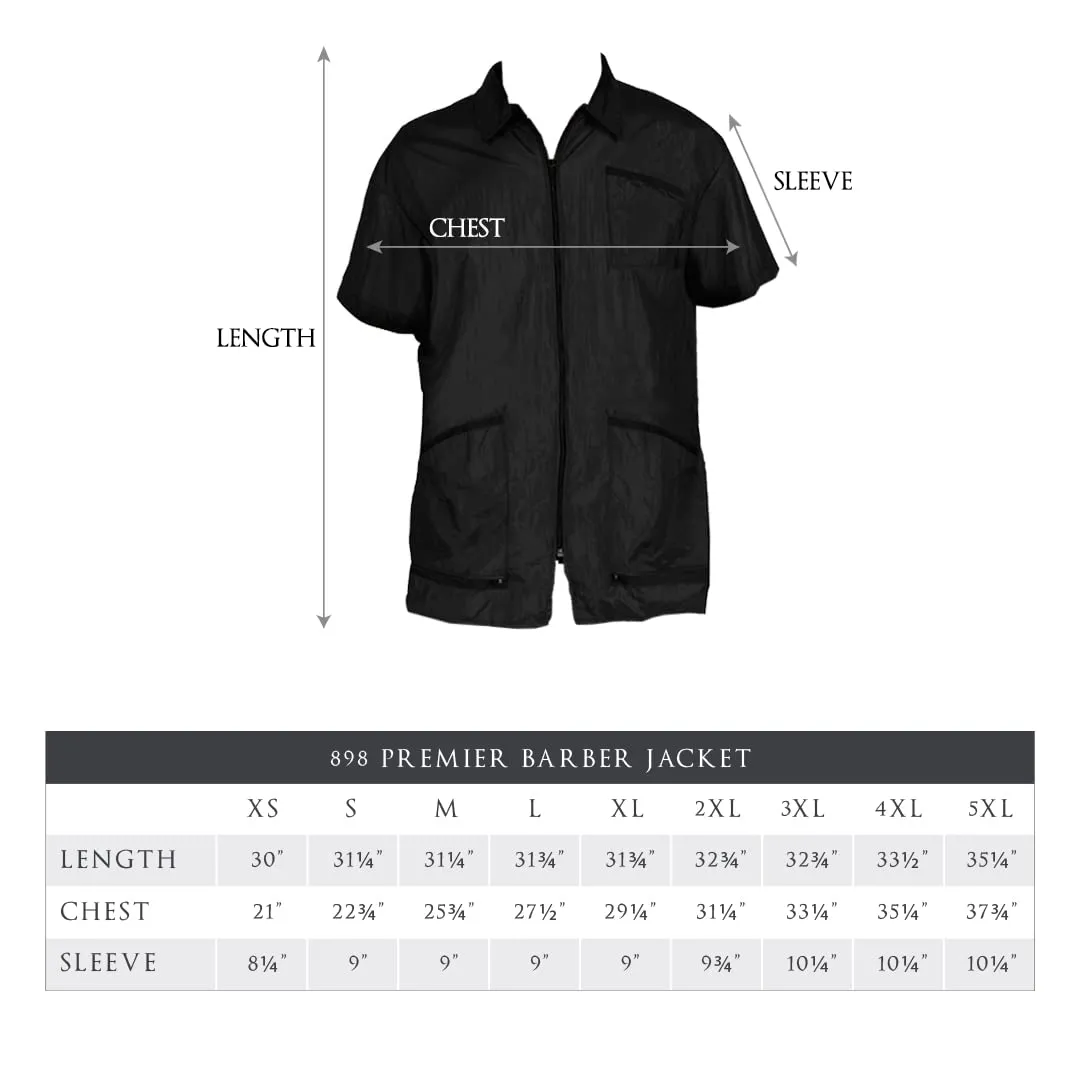 Betty Dain Premier Barber Jacket, Soft, Lightweight, Water Resistant Nylon Repels Hair, Zippered Front, Two Angled Lower Pockets with Zippered Bottoms, Angled Chest Pocket, Black, S
