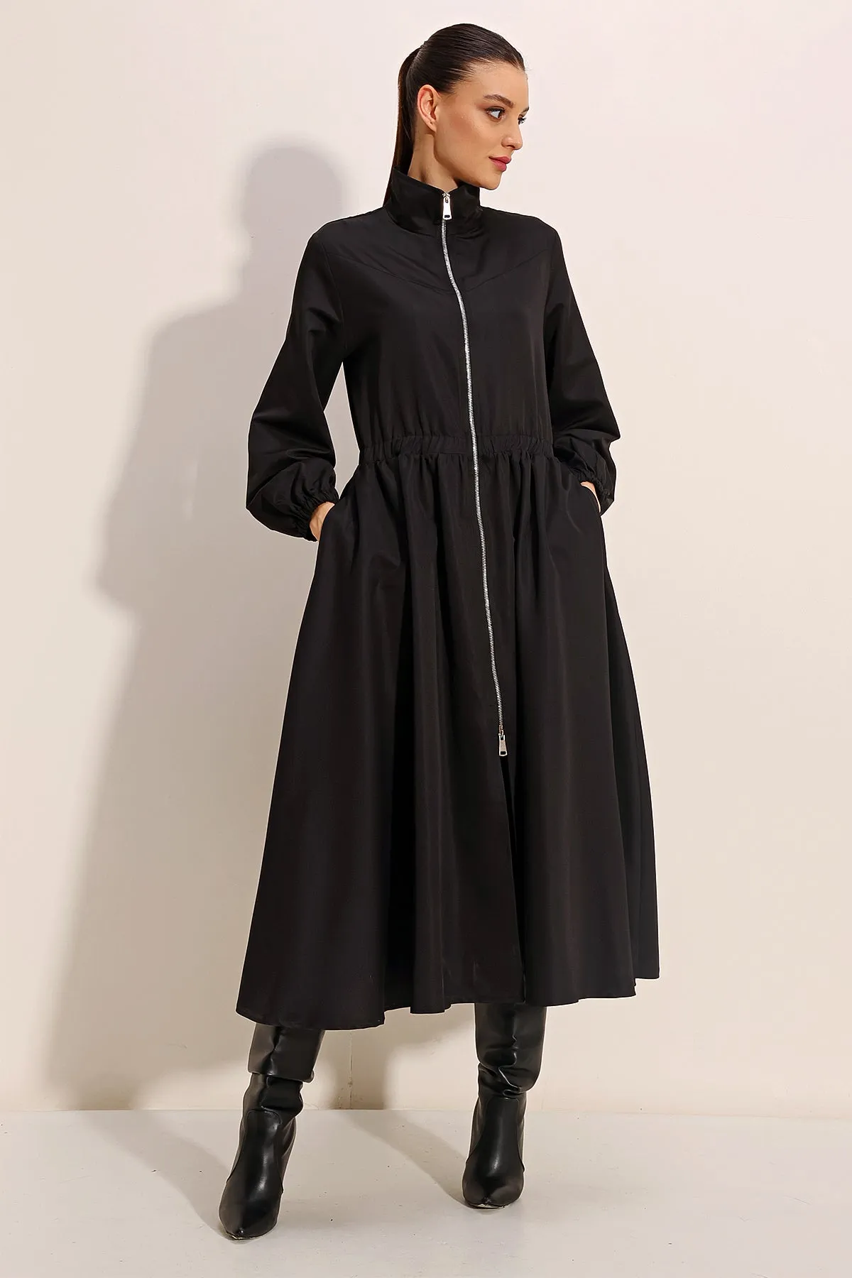 BGD Women Woman Black Zippered Long Trench Coat 5912 - Avondale