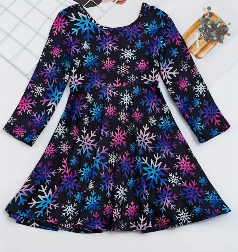 Black Christmas Long Sleeve Dress with Multi-Colored Snowflakes