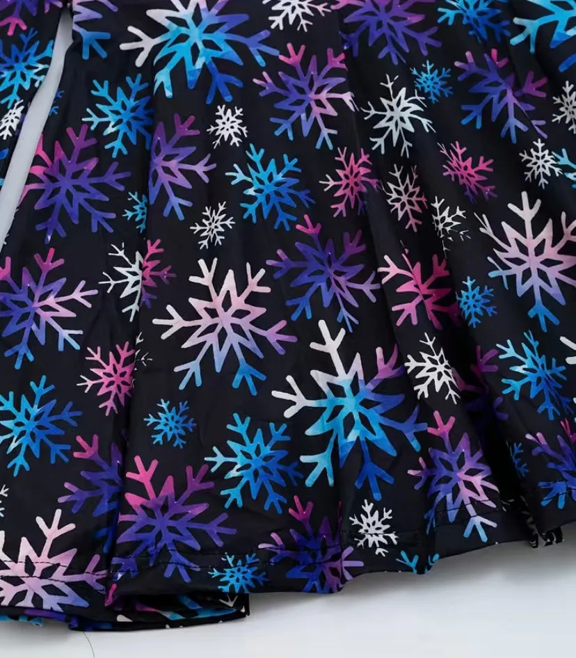 Black Christmas Long Sleeve Dress with Multi-Colored Snowflakes