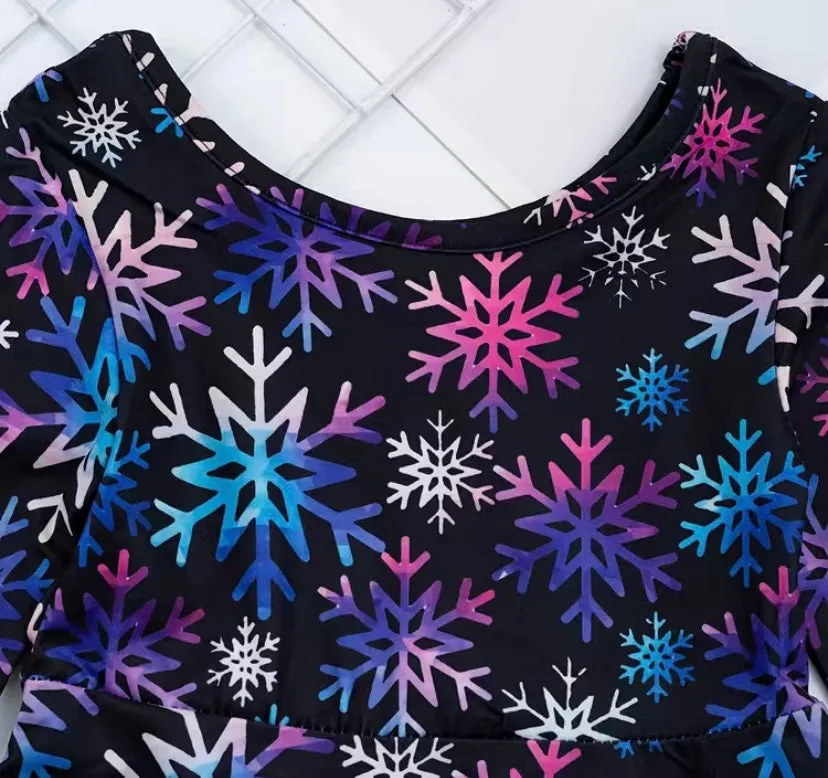 Black Christmas Long Sleeve Dress with Multi-Colored Snowflakes