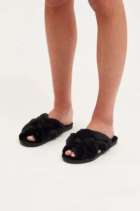 Black Faux Fur Slippers