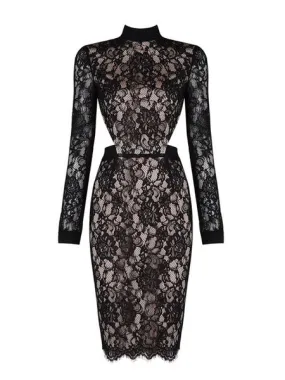 Black Lace Dress Women's Long Sleeve Illusion Bodycon Party Dress