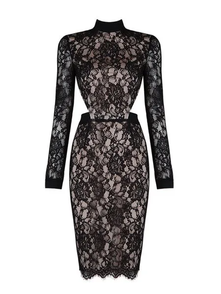 Black Lace Dress Women's Long Sleeve Illusion Bodycon Party Dress