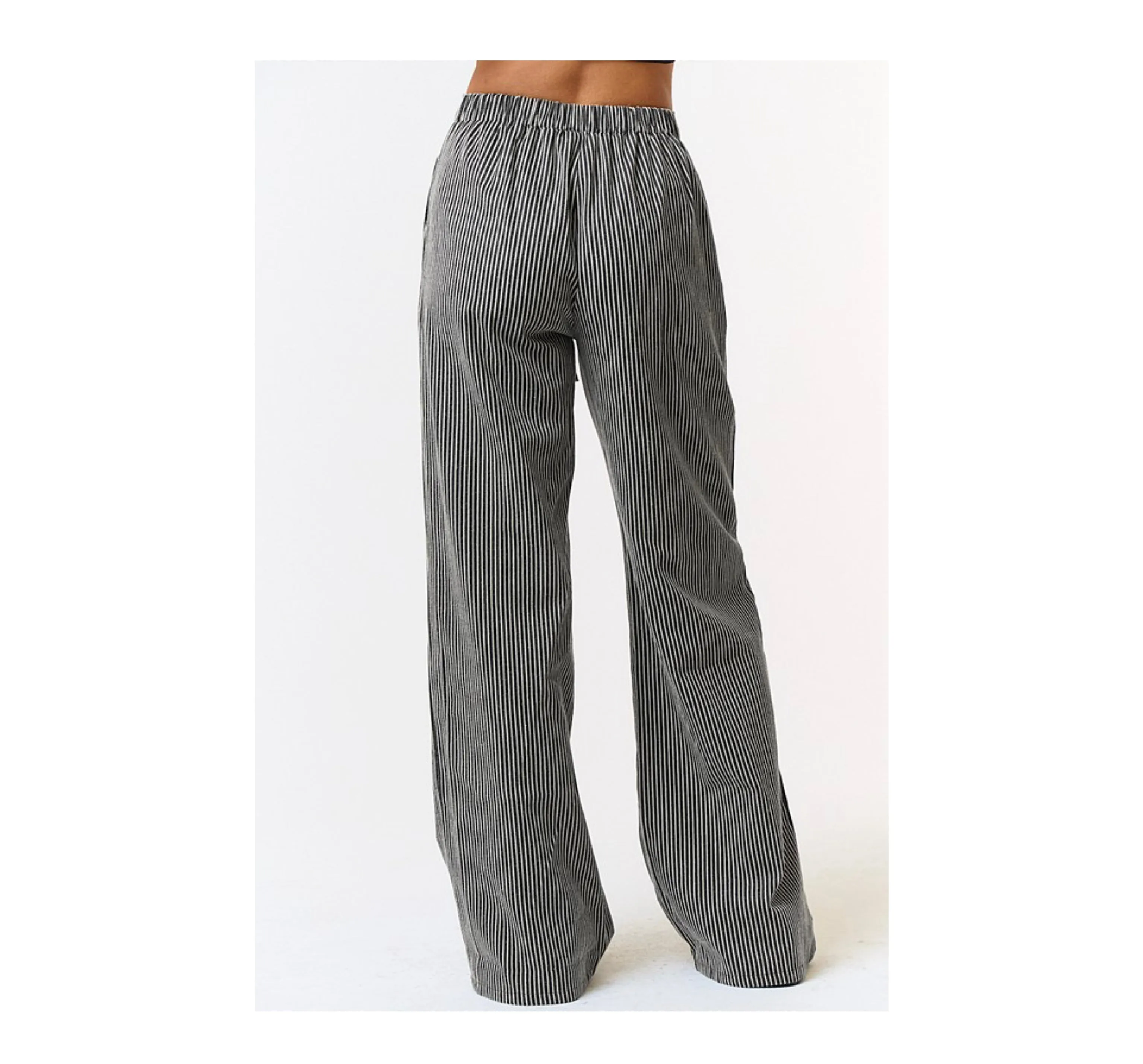 BLACK STRIPE DRAWSTRING WIDE LEG PANTS
