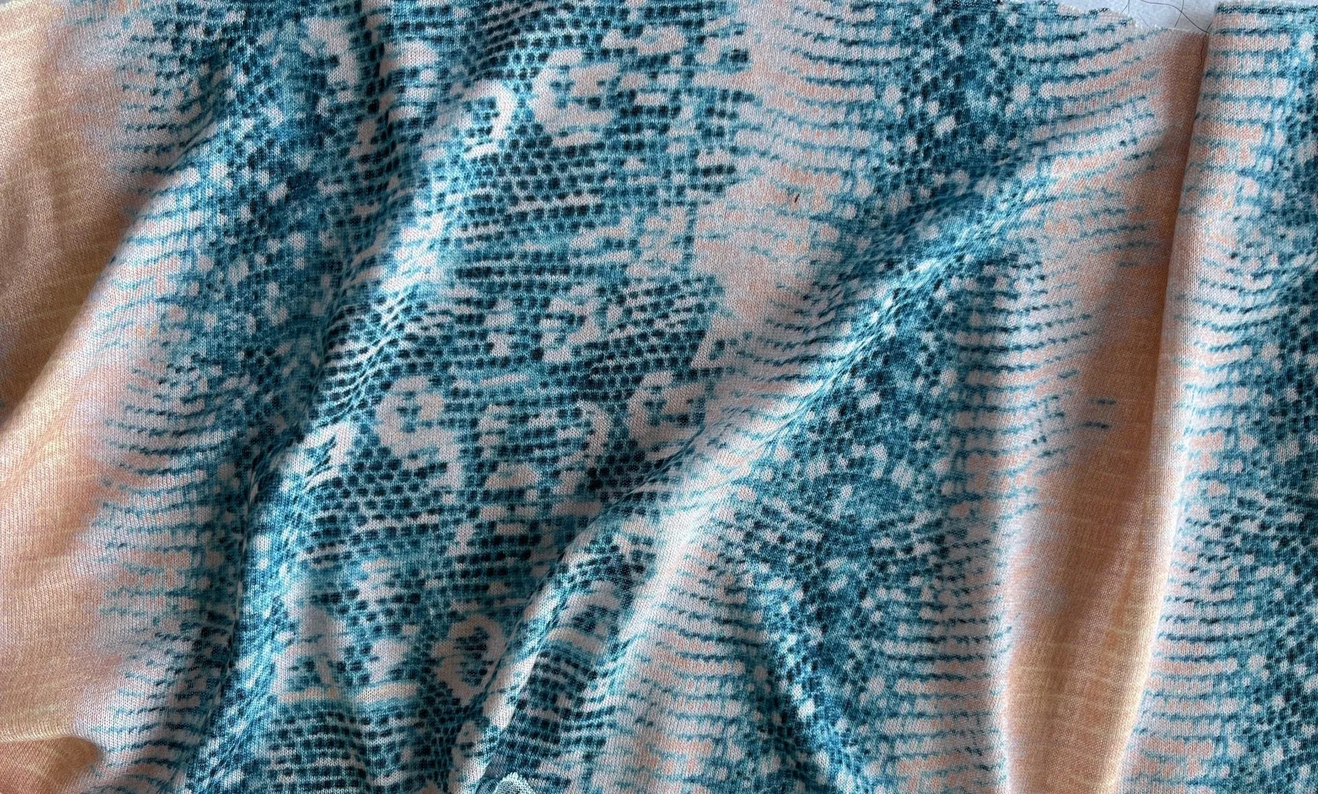 Border Print - Derek Lam Peach & Teal Blue Snakeskin Viscose Knit (Made in Italy)