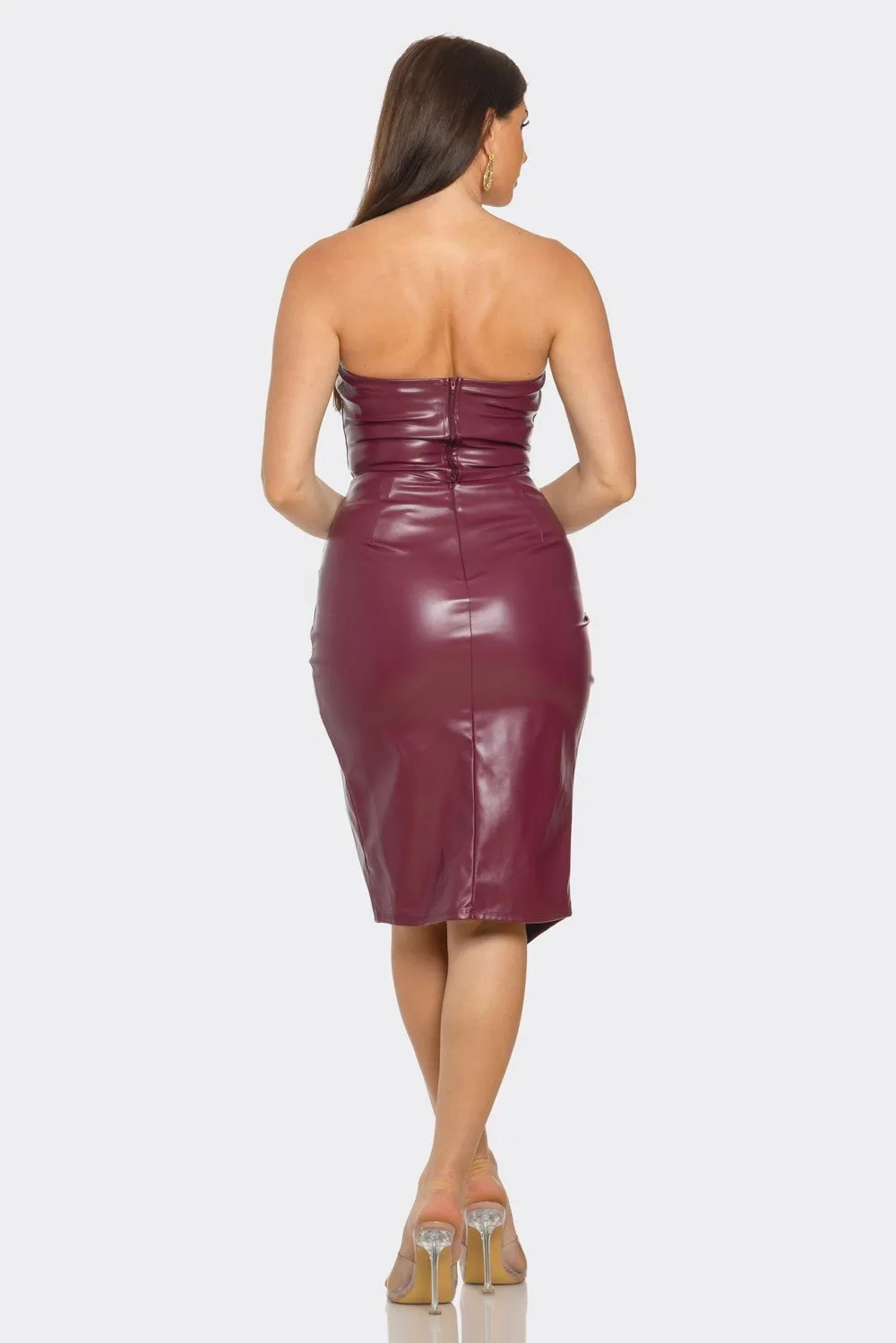 Burgundy Pu Leather Boned Bodice Corset Top and Wrap Midi Skirt Set