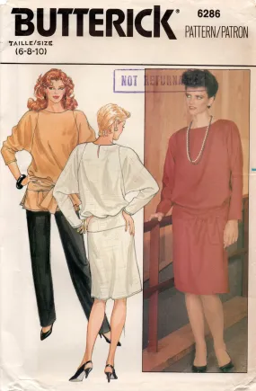 Butterick 6286 Womens Batwing Sleeved Dress Top & Pants 1980s Vintage Sewing Pattern Size 6 - 10 UNCUT Factory Folded