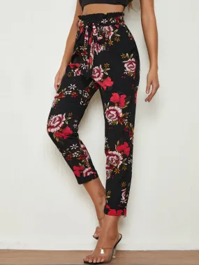 Casual Floral Paper Bag Waist High Waist Cropped Women Pants