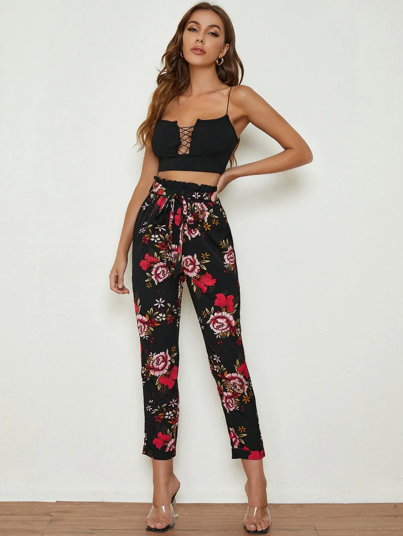 Casual Floral Paper Bag Waist High Waist Cropped Women Pants